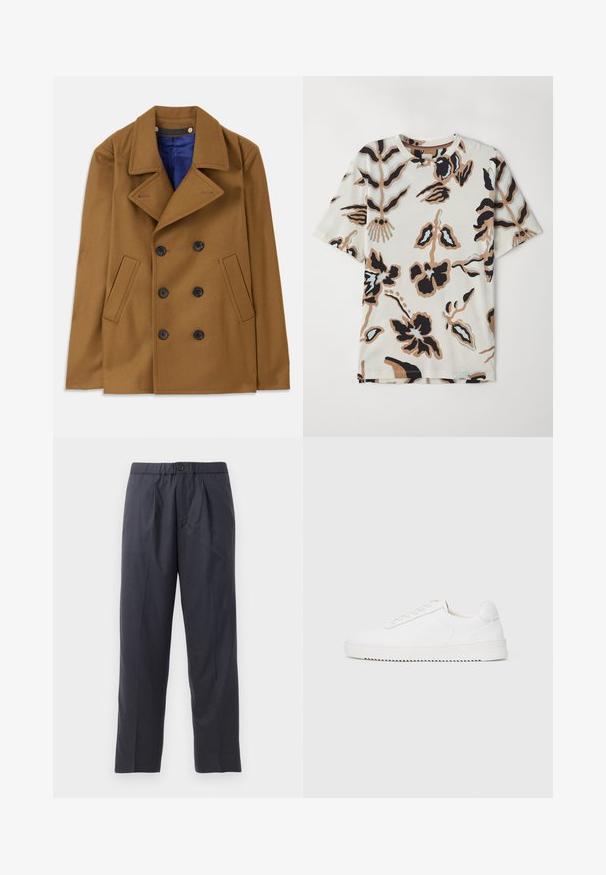 Rjav volnen peašček z dvojnim zapenjanjem, velikimi reverji in črnimi gumbi. Ima stranske žepe in modro podlogo.; Majica s kratkimi rokavi iz mehke tkanine, z naravnim ozadjem v kremni barvi, ki prikazuje abstraktne cvetlične vzorce v črni, rjavi in svetlo modri barvi.; Temno modri hlače iz mehkega materiala z nabranim sprednjim delom in elastičnim pasom. Imajo gumbasto zapiranje in ravno krojene hlačnice.; Bela teniska z gladkim usnjenim zgornjim delom, okroglim nosom, vezalkami, teksturiranimi stranskimi poudarki in debelim gumijastim podplatom. Minimalističen dizajn.