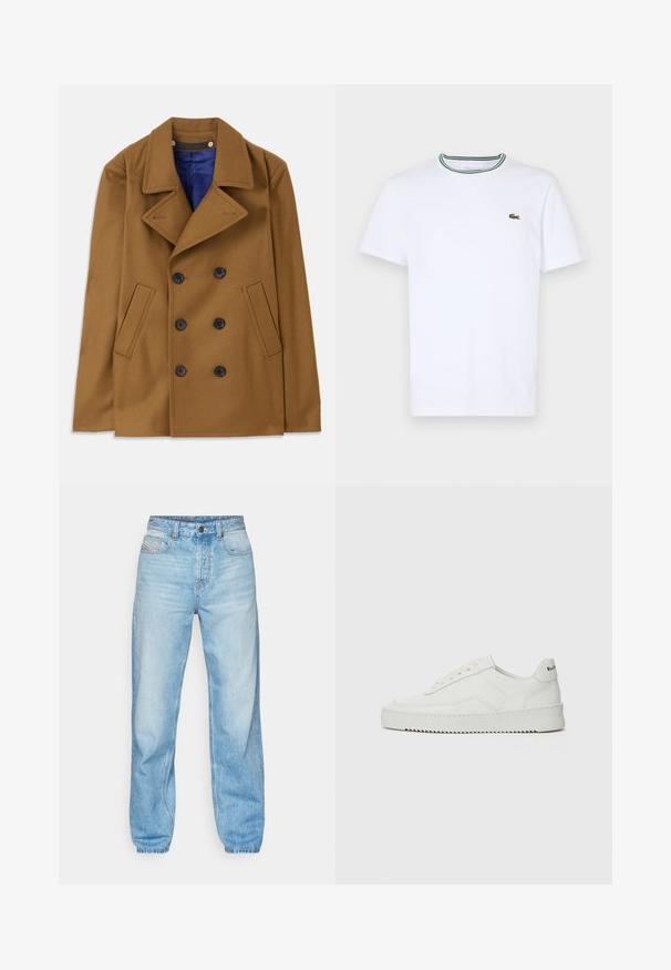 Brown wool peacoat with a double-breasted design, large lapels, and black buttons. Features side pockets and a blue inner lining.; White cotton short-sleeve T-shirt with a ribbed collar featuring green and black stripes; small green embroidered logo on left chest.; Light blue jeans made of denim, featuring a straight cut, five-pocket design, and a visible button fly with contrasting stitching.; White leather sneaker with a smooth finish, round toe, flat laces, and a textured sole. Features a subtle logo on the heel.
