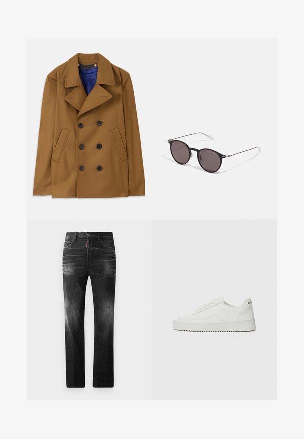 Palton din lână maro, cu design dublu-broderie, revere mari și butoane negre. Are buzunare laterale și o căptușeală interioară albastră.; Tricou negru din bumbac cu guler rotund, mâneci scurte și logo-ul "EMPORIO ARMANI" în alb deasupra cuvântului "Milano" într-un design curbat.; Jeans din denim negru cu o croială dreaptă. Au zone decolorate, ușoare uzuri, design clasic cu cinci buzunare și închidere cu buton.; Sneakers din piele albă cu un finisaj neted, vârf rotund, șireturi plate și o talpă texturată. Prezintă un logo subtil pe călcâi.; Ochelari de soare negri rotunzi cu lentile întunecate și brațe metalice subțiri. Include vârfuri transparente pentru brate și accente argintii la balama. Design minimalist.