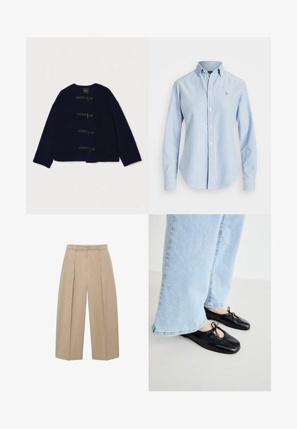 Theory SHORT TOGGLE - Giacca invernale - navy; Camicia azzurro chiaro con bottoni, realizzata in cotone, con maniche lunghe, colletto a punta e un piccolo logo ricamato sul lato sinistro del petto.; Pantaloni beige a gamba larga appesi verticalmente, caratterizzati da pieghe frontali e una vita piatta, che mostrano uno stile neutro ed elegante.; Ballerine in pelle nera con punta arrotondata, dotate di ritaglio e dettaglio a fiocco, indossate con jeans a gamba larga blu chiaro.