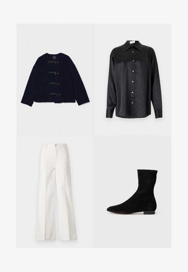 Theory SHORT TOGGLE - Vinterjakker - navy; Sort langærmet skjorte med krave, der har en krøllet tekstur, fuld knaplukning foran og manchetter. Lavet af et glat stof.; Hvide vidde bukser lavet af bomuld med en glat tekstur. Har en frontknap, lynlås, og fire-lomme design.; Sorte suedestøvler til anklerne med en tætsiddende skaft, spids tå og lav blokhæl. Glat tekstur og minimalistisk design, velegnet til alsidig styling.