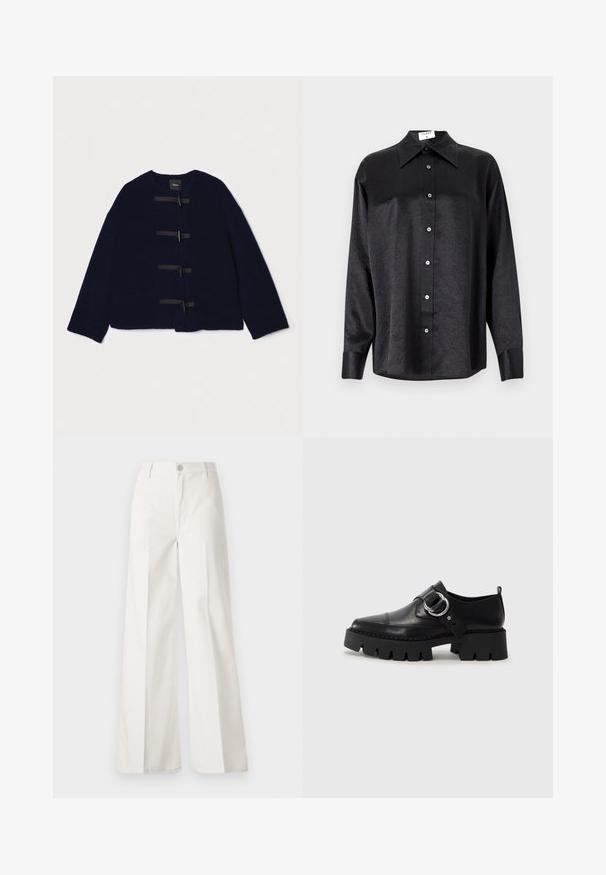 Theory SHORT TOGGLE - Chaqueta de invierno - navy; Camisa negra de manga larga con cuello, que presenta una textura arrugada, botón frontal completo y puños. Fabricada en un tejido suave.; Pantalones de pierna ancha blancos hechos de algodón con una textura suave. Cuenta con un botón delantero, cremallera y un diseño de cuatro bolsillos.; Zapatos de cuero negro con una suela gruesa y estriada, que presentan un acento de hardware plateado en forma circular y un detalle de costura mínima.
