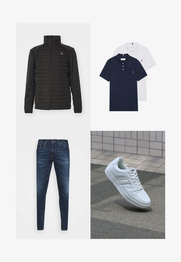 Veste isolée noire avec un design matelassé sur le devant, manches lisses, col montant, fermeture éclair intégrale et détail du logo sur la poitrine.; Deux polos : un bleu marine et un blanc, tous deux avec un petit accent rouge, blanc et bleu sur la poche poitrine et le col.; Jean en denim bleu foncé avec une coupe slim, décoloration subtile, cinq poches et une fermeture à bouton en métal. Accents cousus dans une couleur contrastante.; Baskets blanches de sport avec une tige en cuir lisse, un laçage à l'avant, une pointe perforée et une semelle à motifs. Design minimaliste avec trois bandes latérales.