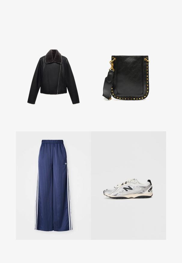 Black leather jacket with a gray faux fur collar, cropped design, long sleeves, and a diagonal front zipper closure.; White button-up shirt with long sleeves, frilled high collar, and vertical ruffle accent down the front. Lightweight cotton fabric.; Navy blue wide-leg pants with vertical white stripes, elastic waistband, and three white stripes along each side, made from a lightweight material.; Gray and white athletic shoe with a rounded toe, mesh and synthetic materials, black accents, and a textured rubber sole.; Black leather handbag featuring gold studs along the edges, a flat shape, and an adjustable strap with a gold hardware clasp.