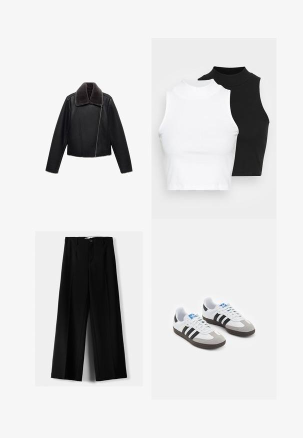Black leather jacket with a gray faux fur collar, cropped design, long sleeves, and a diagonal front zipper closure.; Two sleeveless ribbed turtleneck tops in black and white, featuring a fitted design and smooth texture, with cropped length.; Black wide-leg trousers made of lightweight fabric, featuring a front button closure and flat front, with neatly stitched hems.; Sport shoes with a white leather upper, gray suede toe, and three black stripes. Features a blue logo on the tongue and a textured rubber sole.