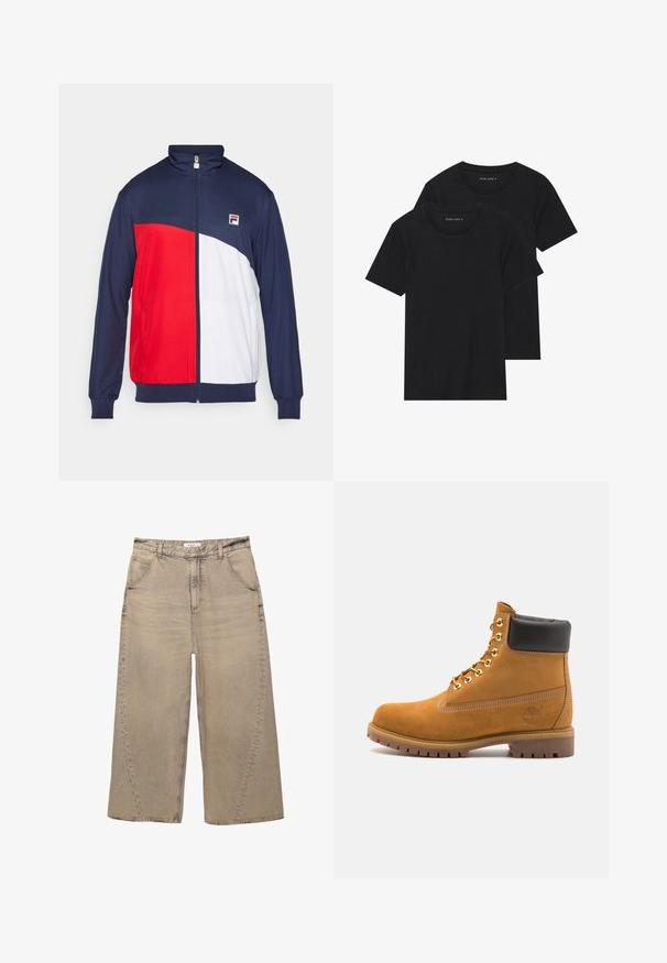 Rot, weiß und marineblaue Zip-Jacke mit hohem Kragen, elastischen Bündchen und seitlichen Taschen; verfügt über ein Logo-Patch auf der Brust.; Zwei schwarze Baumwoll-T-Shirts mit kurzen Ärmeln, runden Ausschnitten und einer glatten Textur, übereinander gestapelt.; PULL&BEAR MEGA BAGGY - Baggy Jeans - light grey; Beige Wildleder-Ankle-Boot mit schwarzem gepolstertem Kragen, goldenen Metallösen, weißen Nähdetalben und einer robusten Gummisohle mit ausgeprägtem Profil.