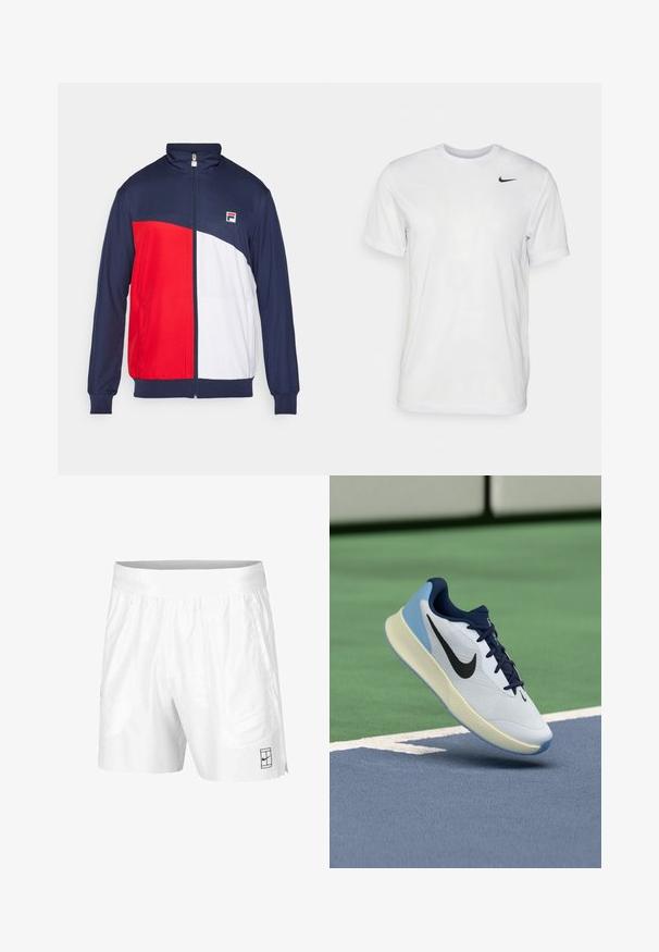 Rot, weiß und marineblaue Zip-Jacke mit hohem Kragen, elastischen Bündchen und seitlichen Taschen; verfügt über ein Logo-Patch auf der Brust.; Weißes T-Shirt mit kurzen Ärmeln aus glattem Stoff. Verfügt über einen runden Halsauschnitt und ein kleines schwarzes Nike-Logo auf der linken Brust.; Weiße Sportshorts aus leichtem Gewebe mit einem elastischen Bund, ausgestattet mit zwei Seitentaschen und einem kleinen schwarzen Logo am Saum.; Weißer Sportschuh mit marineblauen Akzenten, einem atmungsaktiven Obermaterial, einer strukturierten Sohle und einer hellblauen Ferse, der ein schlankes, modernes Design zeigt.