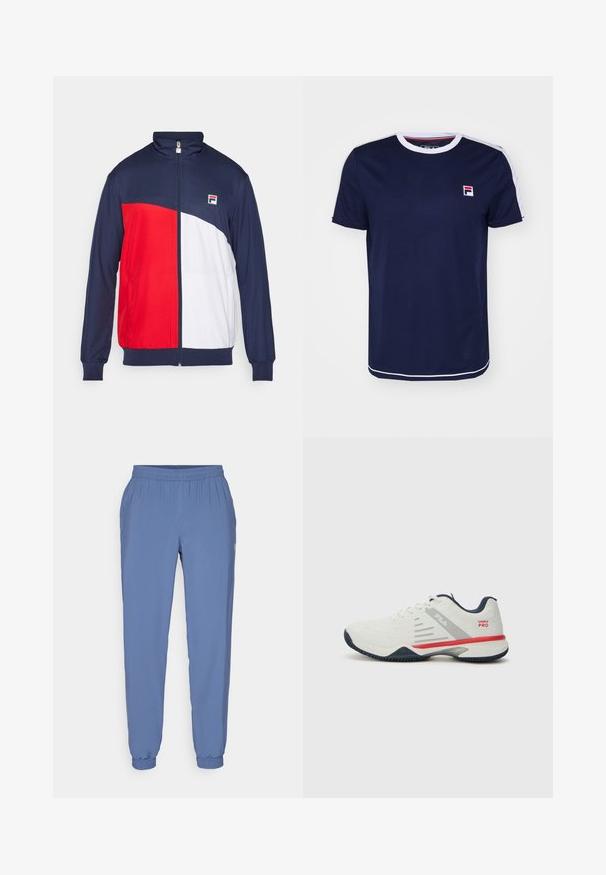 Sarkans, balts un jūras spēku zila šūnveida jaka ar augstu apkakli, elastīgām piedurknēm un sānu kabatām; uz krūšu ir logo uzlīme.; Kā navy zila T-kreklu ar īsām piedurknēm un baltu apaļu kakla izgriezumu, kuram ir sarkanas un baltas svītras uz pleciem un logo uzlīme.; Zili, viegli skrējēju bikses ar elastīgu jostasvietu un pēdām. Tām ir gluda tekstūra un mazs logotips sānos.; Baltas sporta apavu modelis ar pelēkiem un sarkaniem akcentiem, ar teksturētu sieta augšdaļu, elastīgu zoli un izteiktu sānu paneļu dizainu. Aprīkoti ar saites aizdari.