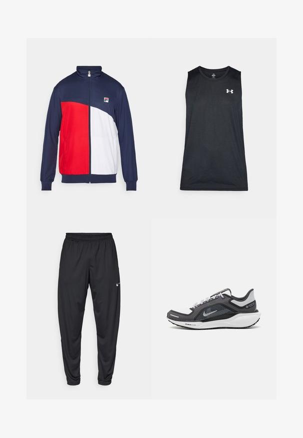 Red, white, and navy zip-up jacket with high collar, elastic cuffs, and side pockets; features logo patch on the chest.; Black sleeveless athletic shirt made from a smooth, breathable material. Features a crew neckline and white logo on the chest.; Black athletic pants with an elastic waistband, tapered legs, and a small white Nike logo on the left thigh. Smooth fabric, no patterns.; Black and gray athletic shoe with a mesh upper, reflective accents, and a white midsole. Features textured rubber outsole and laces.