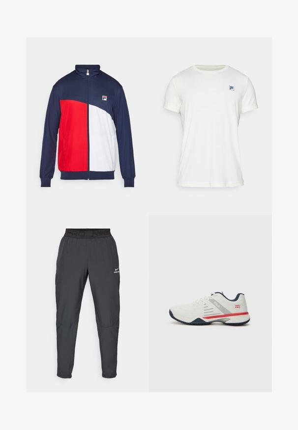 Rot, weiß und marineblaue Zip-Jacke mit hohem Kragen, elastischen Bündchen und seitlichen Taschen; verfügt über ein Logo-Patch auf der Brust.; Weißes T-Shirt mit kurzen Ärmeln aus weichem Stoff. Mit Rundhalsausschnitt und kleinem blauen Logo auf der linken Brust.; Nike Pro-Hosen in Dunkelgrau, mit einem schwarzen elastischen Bund, auf dem "PRD" und "NIKE PRO" steht. Sie bestehen aus glattem Material, haben eine taillierte Passform und dezente Stichdetails.; Weißer Sportschuh mit grauen und roten Akzenten, strukturiertem Mesh-Obermaterial, flexibler Sohle und markantem Seitenteil-Design. Verfügt über eine Schnürung.