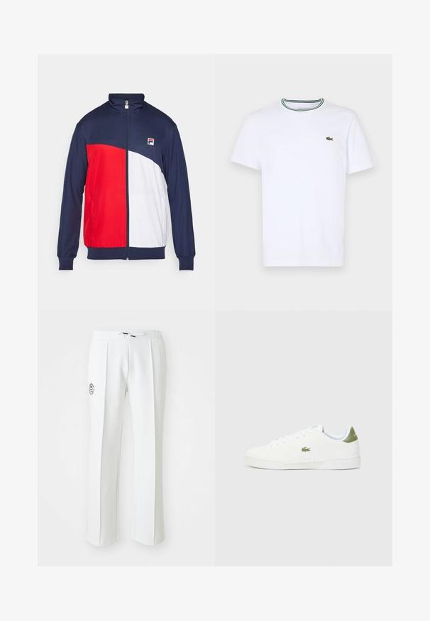 Punane, valge ja tumesinine lukuga jakki kõrge kraega, elastsete mansettidega ja küljetaskutega; sellel on logo plaastriga rinnal.; Valge puuvillane lühikeste varrukatega T-särk, millel on ribitud krae ja rohelised ning mustad triibud; vasakul rinnal väike roheline tikandiga logo.; Valged sirge lõikega püksid, millel on pehme materjal, paelaga vöökoht ja logo tikand vasakul küljel.; Valged tossud siledast materjalist, millel on roheline aktsent kannaosas ja väike tikandiga krokodillilogo külgedel.