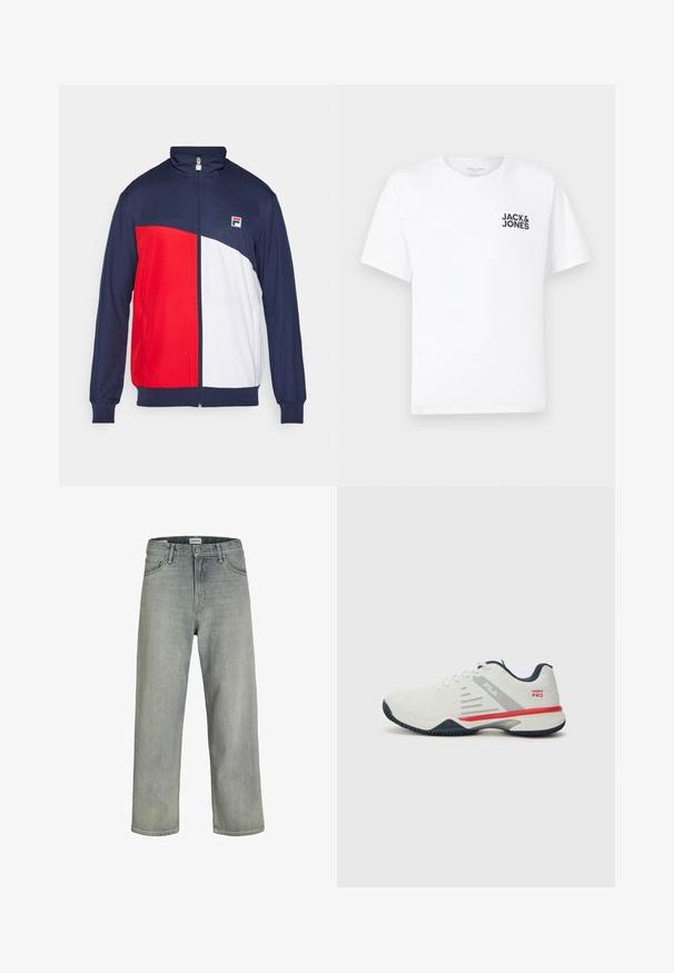 Rød, hvid og navy zip-up jakke med høj krave, elastiske manchetter og sidelommer; har logo patch på brystet.; Hvid bomulds t-shirt, korte ærmer, rund hals. Har et sort tekstlogo "JACK & JONES" på venstre brystområde. Enkelt, ensartet design.; Lysegrå, løstsiddende jeans lavet af denim. Har et klassisk fem-lomme design, bæltestropper og en lige ben silhuet.; Hvide sportsko med grå og røde accenter, struktureret mesh-overdel, fleksibel sål og distinkt sidelogo design. Har snørebåndslukning.