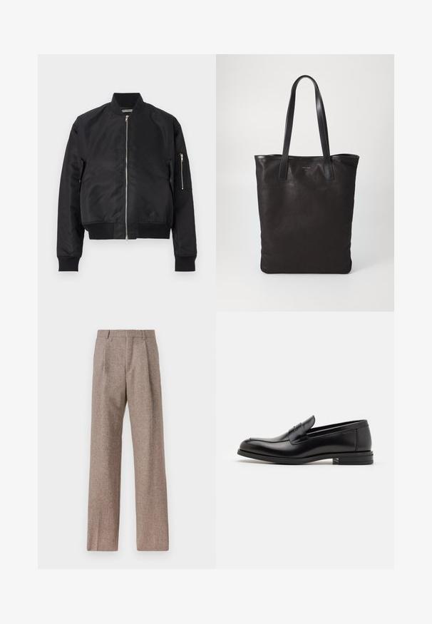 Crna bomber jakna od glatkog materijala, s zatvaranjem na zip, rebrastim manžetama i rubom te bočnom džepu sa zip detaljom.; Bijela košulja s dugim rukavima na dugme, izrađena od pamuka, s džepom na prsima s ton-sur-ton vezom, ovratnikom i dugmadi na manžetama.; Smeđe, hlače viskog struka od teksturiranog materijala. Imaju široke nogavice i dva prednja pregiba za strukturu. Uređen završetak bez vidljivih metalnih dijelova.; Crni kožni mokasini s glatkom teksturom, zaobljenim prstima i ukrasnom trakom preko prednjeg dijela. Niski slojeviti potplat, minimalistički dizajn.; Crna platnena torba s crnim kožnim ručkama. Jednostavan dizajn, prostrano tijelo i glatka tekstura. Bez vidljivih logotipa ili uzoraka.