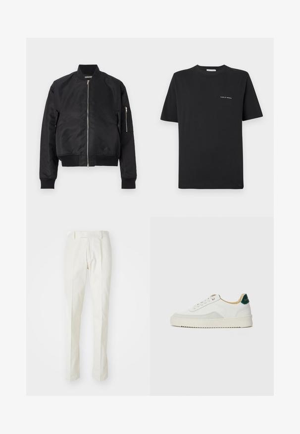 Jaqueta bomber preta feita de tecido liso, com fecho de zip, punhos e bainha canelados, e um bolso lateral com detalhe em zip.; Camisa de algodão preta com decote redondo, mangas curtas e um pequeno logo branco "TIGER OF SWEDEN" no peito. Corte clássico.; Calças brancas de algodão, com um design de perna reta, frente lisa e sem padrões ou elementos metalizados visíveis. Textura suave.; Tênis brancos com detalhes em camurça, bico arredondado, atacadores planos e sola de borracha creme. Apresenta uma marcação verde no calcanhar.