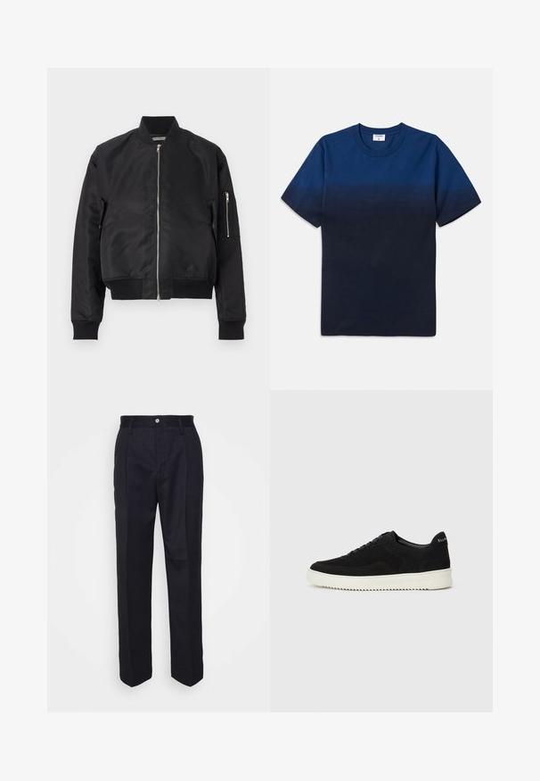 Black bomber jacket made of smooth fabric, featuring a zip closure, ribbed cuffs and hem, and a side pocket with zip detail.; Navy blue cotton t-shirt with a round neck, short sleeves, and a subtle gradient design transitioning from lighter to darker shades.; Black tailored trousers with a straight-leg design, made of smooth fabric, featuring a front button closure and two side pockets.; Black suede sneaker with lace-up design and contrasting white rubber sole. Features textured side panels and subtle branding on the heel.