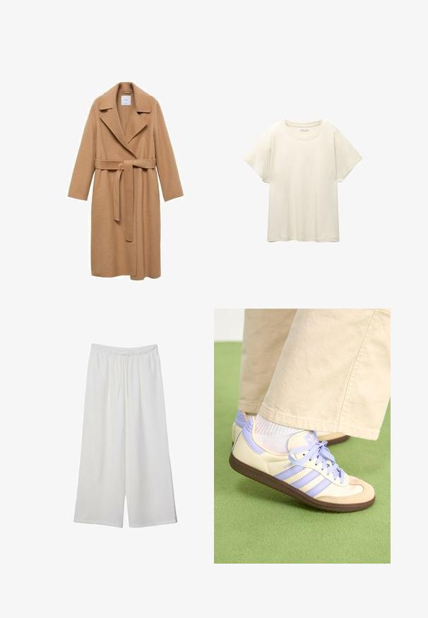 Kamelullblandad kappa med notchkrage, bälte i midjan och långa ärmar. Har en rak skärning och minimalistisk design.; Ljus beige kortärmad t-shirt med rund halsringning, tillverkad av mjuk, slät tyg. Har en avslappnad passform och rak nederkant.; Vita vida byxor i lätt tyg med elastisk midja och dragsko för justerbar passform. Mjuk textur.; Krämfärgade och lavendelfärgade sneakers med tre ränder och en texturerad brun sula, med snören och en vadderad häl. Mjuk tygobero.