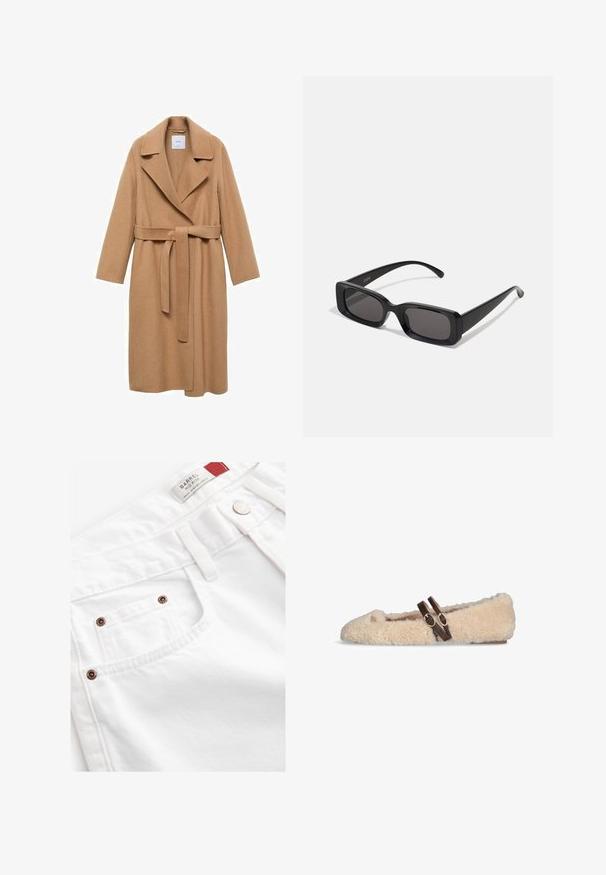 Plašč iz mešanice deve volne z obrobnim ovratnikom, pasom in dolgimi rokavi. Ima raven kroj in minimalističen dizajn.; Bež majica z dolgimi rokavi in okroglim izrezom, s nabranimi detajli ob straneh, izdelana iz mehke, teksturirane tkanine.; Bele hlače iz belega jeansa s srednjim pasom, petimi žepi in kovinskimi dodatki v bakreni barvi. Teksturna tkanina z našitimi podrobnostmi.; Bežasti puhasti mokasini s dvema temno-rjavima nastavljivima pasom čez vrh in majhnim zlatim emblemom blizu prstov.; Črne pravokotne sončna očala z temnimi lečami, sijajna površina, široka ročaja in masiven okvir. Vgravirano ime blagovne znamke na eni ročaji.