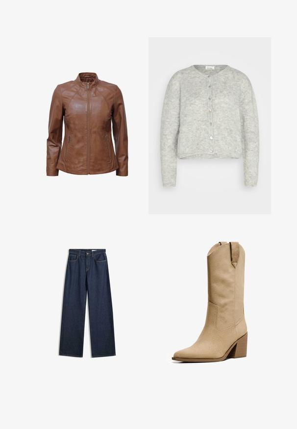 JCC Læderjakker - cognac; Lysegrå cropped cardigan lavet af blødt materiale, med rund hals, lange ærmer og en lukning med blanke knapper.; PULL&BEAR Top - white; Bredde ben mørke denimjeans med fem lommer, synlig syning og knaplukning. Har en lige pasform og let slid.; Bershka HIGH-HEEL - Cowboy- / bikerstøvler - beige