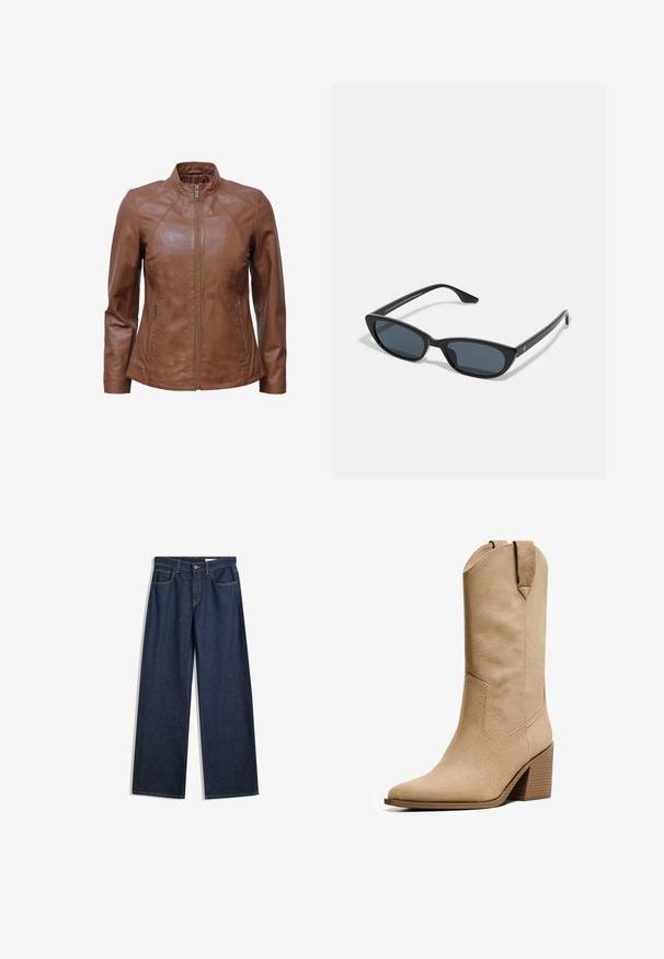 JCC Læderjakker - cognac; PULL&BEAR Top - white; Bredde ben mørke denimjeans med fem lommer, synlig syning og knaplukning. Har en lige pasform og let slid.; Bershka HIGH-HEEL - Cowboy- / bikerstøvler - beige; Sorte katteøje solbriller med mørke linser, plastikramme, slanke temple og diskret branding på den indre arm. Mat finish tekstur.