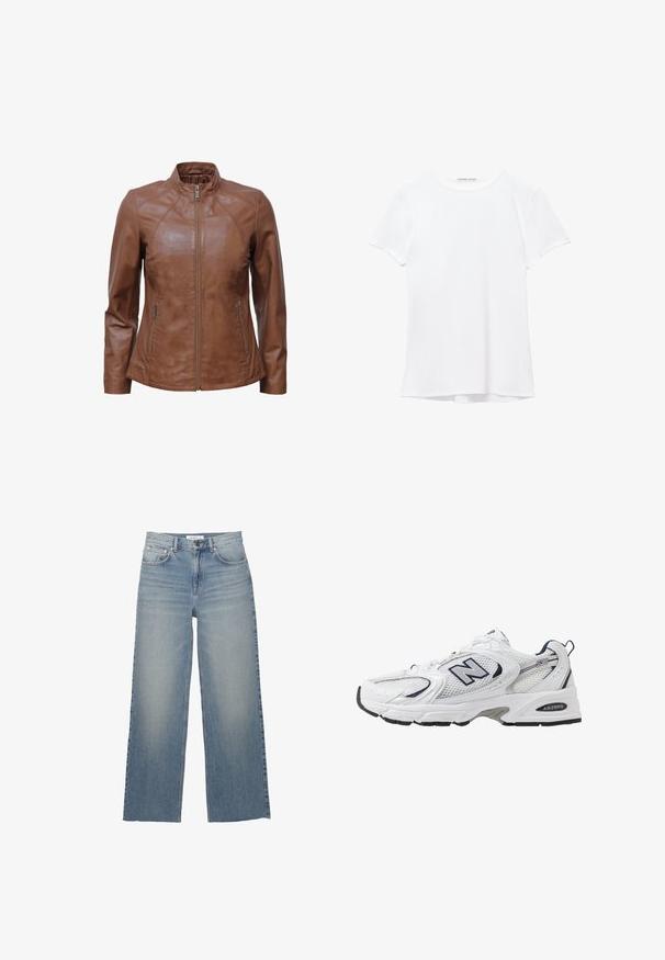 JCC Leren jas - cognac; Witte short-sleeve t-shirt van gladde stof, met een ronde halslijn en subtiele stiksels bij de zoom.; Lichtblauwe wijdleg jeans van denim, met een hoge taille, voorzakken en een knoopsluiting. Soepele textuur met vervaagde gebieden.; Witte sport schoen met mesh bovenkant, marineblauwe accenten en een gehoorzaamde zool. Bevat het "N" logo, veters en een gestructureerde detail aan de zijkant.
