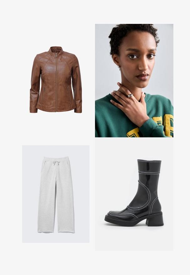 JCC Leren jas - cognac; Witte katoenen tanktop met een ribbeltextuur, mouwloos ontwerp en ronde hals. Beschikt over een label aan de nek met de tekst "WEEKDAY."; Lichtgrijze joggingsbroek van zachte stof, met een elastische tailleband met trekkoord en zijzakken. Losse, recht gesneden pasvorm.; Zwarte lakleren enkellaars met witte stiksels, ronde neus en blokhak. Kenmerkt zich door gebogen ontwerplijnen en een gladde textuur.; Zilveren ring met een glad, gebogen ontwerp met een steraccent. Model draagt een groene sweatshirt met gele lettering, handen bij de hals.