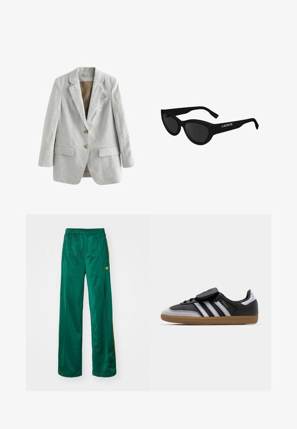 Next Krátky kabát - grey; Biele tričko s krátkym rukávom a okrúhlym výstrihom, vyrobené z bavlny, s priliehavým strihom a čiernym logom značky vo vnútri goliera.; Zelené saténové športové nohavice s voľným strihom, s žltými pruhmi a vyšitým logom na ľavej strane. Elastický pás.; Čierne kožené a šedé semišové tenisky s bielymi pruhmi, gumovou podrážkou, šnurovaním vpredu a suchým zipsom. Obsahujú zlaté označenie "Samba".; Čierne slnečné okuliare v štýle mačacích očí s tmavými sklami, matným povrchom a výrazným bielym logom "LACOSTE" na stranici.