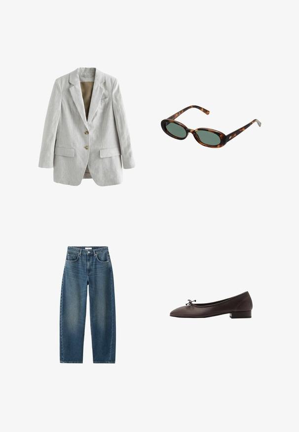 Next Korte frakker - grey; Brun langærmet top med rund halsudskæring, lavet af blødt materiale. Har et tætsiddende design og en glat tekstur.; Mørkeblå denim-jeans med lige ben, fem-lomme design og klassisk knaplukning. Blød tekstur med subtil falmning.; Brune læder balletflade med rund tå og lille blokhæl. Har en tynd sløjfe foran og diskrete syningsdetaljer.; Skildpaddemønstrede solbriller med ovale stel og grønne linser. Har tynde arme med en metallisk detalje nær hængslerne.