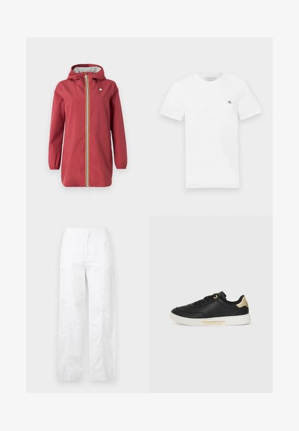 Red lightweight jacket with a hood, elastic cuffs, and a full front zipper. Features a gray inner lining and a logo on the chest.; White cotton t-shirt with short sleeves and a round neckline. Features a small black "ck" logo on the left chest. Smooth texture.; White wide-leg trousers made of lightweight fabric, featuring a smooth texture, clean lines, and a high waist design.; Black leather sneaker with a smooth texture, white rubber sole, gold accents on the heel and eyelets, featuring a logo on the side.