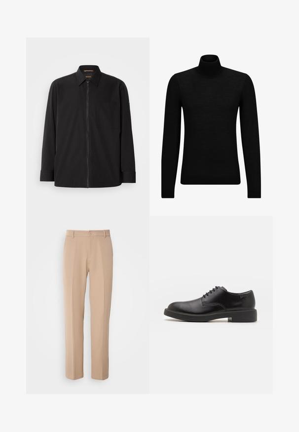 Must mustriga särg pika varrukaga, kraega disain, ees lukuga ja ühe rinna taskuga. Valmistatud siledast kangast, minimaalse kaunistusega.; Musthave muströid ja pehmest materjalist must turtleneck, millel on pikad varrukad ja tihe istuvus. Ribaga ääris allservas ja vöökohal. Lihtne disain.; Beezid püksid, mis on valmistatud siledast kangast, sirge jala lõikega, ees nupuga kinnitamisega ja peente kortsudega ees.; Must beemel levalis kingad ümarate varvastega, sileda pinnaga, minimaalsete õmblustega ja madala kummist kontsaga. Logo kontsa peal.
