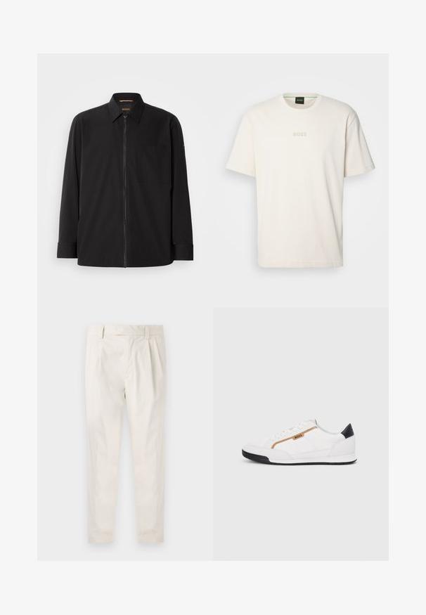 Camisa negra de manga larga con diseño de cuello, cremallera frontal y un bolsillo en el pecho. Hecha de una tela suave con mínimas embellishments.; BOSS TEE - Camiseta básica - open white; Pantalones blancos plisados con un ajuste entallado, que presentan una textura suave, pasadores para el cinturón y piernas ajustadas. Sin bolsillos visibles ni patrones.; Zapatillas deportivas blancas con acentos de malla y cuero. Presentan un logotipo dorado de "BOSS", paneles laterales texturizados y una tapa de talón negra. Suela de goma.