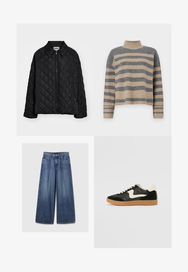 Juodas dek sno d mac besiūlis paltas su taškuotu apykakle, priekiniais užtrauktukais ir šoninėmis kišenėmis. Lygus paviršius su deimanto raštu medžiagoje.; Dryžuotas mezginys su pilkos ir smėlio spalvomis, aukštu kaklu, plačiomis rankovėmis su atvartais ir laisvu siluetu, trumpesnio ilgio.; Platus mėlynos džinsinės kelnės su išblukusiu paviršiumi, su mygtukų ir užtrauktuko uždarymu, penkiomis kišenėmis ir diržo kilpomis.; Juodos zomšo ir odos sportinės bateliai su kreminiu šoniniu swoosh ir šviesiai kreminiu kulnu. Ypatybės - smėlio spalvos raišteliai ir guminis padas.