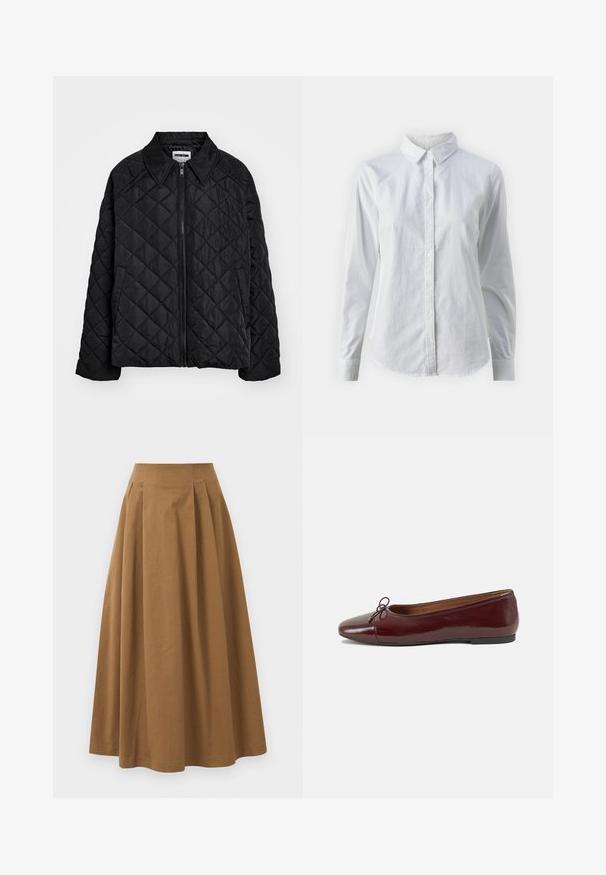 Černá prošívaná bunda s špičatým límcem, předním zipem a bočními kapsami. Hladká textura s diamond vzorem na látce.; Bílá košile na knoflíky vyrobená z hladké bavlny, s klasickým límcem, dlouhými rukávy a zakřiveným spodním lemem. Knoflíky jsou malé a bílé.; Hnědá bavlněná sukně ve stylu A s vysokým pasem, se sklady na přední straně a hladkou texturou. Lemování je čisté a jednoduché.; Burgundské lakové baleríny s kulatou špičkou, malou mašlí vpředu a nízkou černou gumovou podrážkou. Hladký povrch.