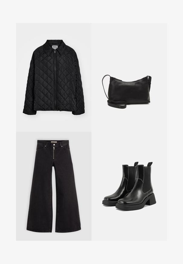 Melna, ādā līdzīga jakas ar punktēta apkakli, priekšējo rāvējslēdzēju un sānu kabatām. Gluda tekstūra ar dimanta rakstu visā audumā.; Tumši zili izgriezts adīts džemperis ar ribotu tekstūru, īsām platām piedurknēm un apaļu kakla izgriezumu. Vienkāršs dizains, bez redzamām rakstu vai akcentiem.; Platas kājas džinsi melnā džinsa audumā ar rāvējslēdzēju priekšā, piecu kabatu dizains un smalkas šuvju detaļas. Gluda tekstūra un ikdienišķs stils.; Melni ādas Čelsijas zābaki ar masīvu papēdi, elastīgām sānu panelēm un kontrastējošu balto šuvumu. Teksturēts apdare.; Melna ādas plecu soma ar gludu tekstūru, izliekta forma, regulējama siksna un rāvējslēdzēja aizdare. Minimālistisks dizains bez rotājumiem.