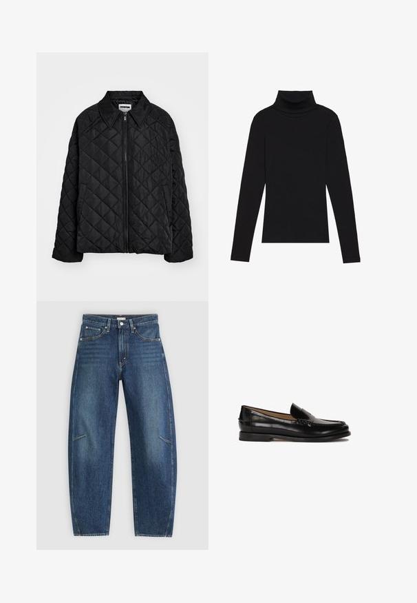 Črni prešiti plašč z izostrenim ovratnikom, sprednjim zadrgo in stranskimi žepi. Gladka tekstura s božičnim vzorcem po blagu.; Črna majica s puloverjem in dolgimi rokavi, izdelana iz rebraste tkanine, ima prilegan kroj s visokim ovratnikom in brez vzorcev ali okrasnih elementov.; Temno modri traper hlače s ravno obliko, ki vključujejo sprednje žepe, kontrastne šive in subtilno zbledelo teksturo na nogah.; Črne usnjene loafers cipele z zaobljenim nosom, enostavno obuvanje in subtilne šive ob zgornjem delu. Ravna gumijasta podplata.