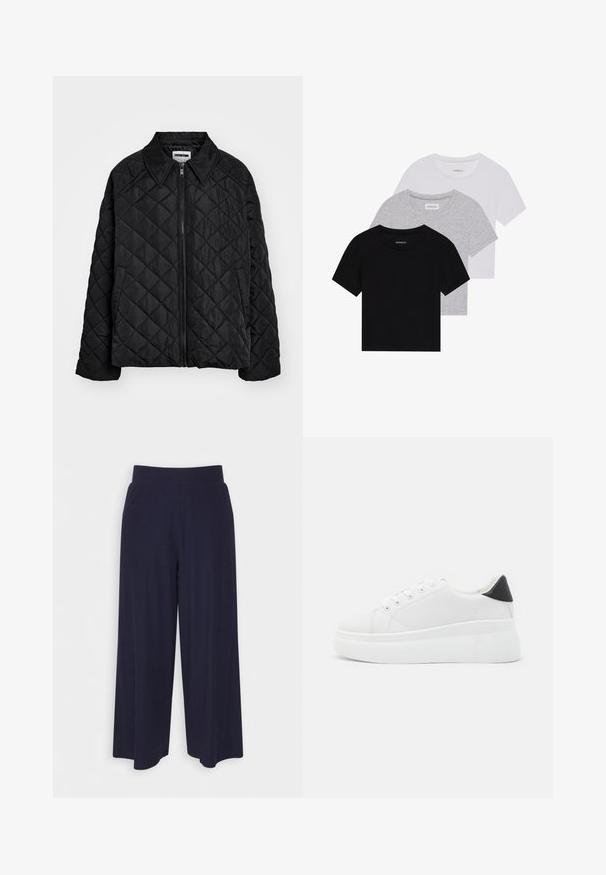Czarna pikowana kurtka z wyprofilowanym kołnierzem, zamek błyskawiczny z przodu oraz bocznymi kieszeniami. Gładka tekstura z diamentowym wzorem na tkaninie.; Zestaw trzech koszulek z krótkim rękawem w kolorze czarnym, szarym i białym. Wykonane z bawełny, z okrągłym dekoltem i prostym, jednolitym wzorem.; Spodnie o szerokich nogawkach w ciemnonawiwowym materiale z rdzeniowym wzorem. Posiadają gładki pas i luźny krój, sięgający do połowy łydki.; Białe sneakersy na platformie wykonane z gładkiego materiału syntetycznego, z zaokrąglonym noskiem, sznurowanym zapięciem i teksturowaną gumową podeszwą. Czarne akcenty na pięcie.