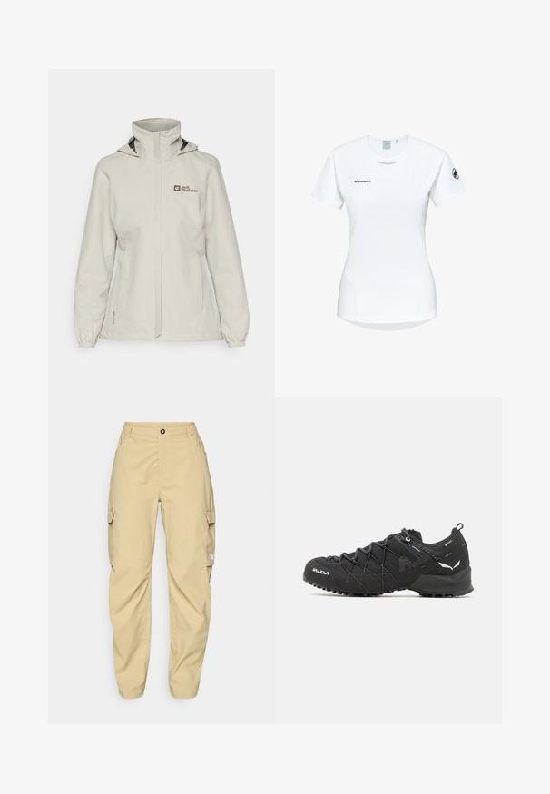 Jack Wolfskin STORMY POINT 2L JACKET - Hardshelljacke - seal; Kurzärmliges weißes Sportshirt mit Rundhalsausschnitt, das ein Logo auf der Brust und eine glatte, leichte Stofftextur aufweist.; The North Face EXPLORATION CARGO PANTS - Outdoor-Hose - khaki stone; Schwarze Wanderschuhe mit einem strukturierten Obermaterial aus Stoff, Schnürsystem und robuster Gummisohle. Akzentuiert mit reflektierenden Details und Logos.