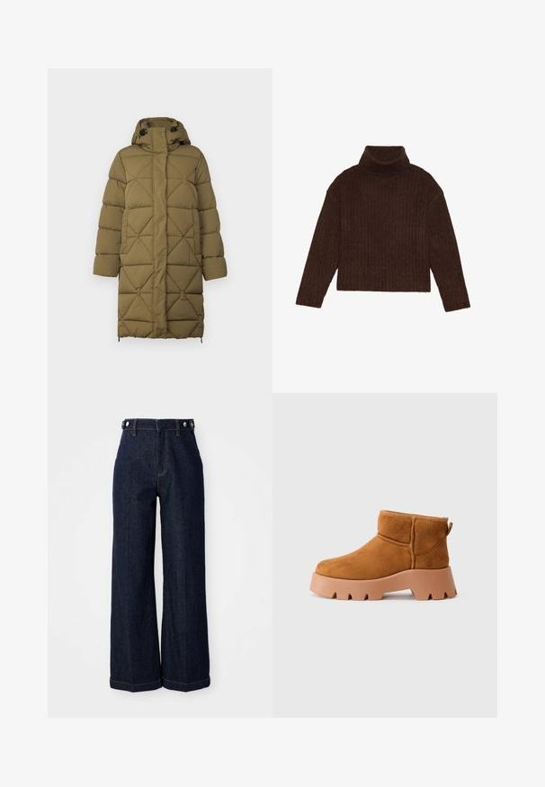 Zielono-oliwkowy pikowany płaszcz z diamentowym wzorem, kapturem, zatrzaskami i regulacją bocznego dołu. Wykonany z miękkiego, teksturowanego materiału.; Brązowy prążkowany sweter z golfem, z długimi rękawami i skróconym krojem, z grubej, fakturowanej dzianiny.; Ciemnoniebieskie szerokie dżinsy wykonane z denimu, z wysokim stanem, pięcioma kieszeniami i kontrastującymi pomarańczowymi przeszyciami.; Beżowe zamszowe botki za kostkę z okrągłym noskiem, teksturowaną brązową podeszwą i uchwytem do wkładania. Cechują się przeszytym szwem i masywną platformą.