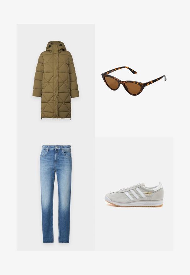 Manteau matelassé vert olive avec un motif en losanges, capuche, boutons-pression et ajustements sur le bas. Fabriqué à partir d'un matériau doux et texturé.; ONLY ONLMELITA O NECK - Pullover - winter moss; Jean en denim bleu clair avec une coupe droite, texture délavée, cinq poches et une fermeture à bouton à la taille. Détails de couture distinctifs.; Basket en cuir suédé et mesh gris clair, avec trois bandes blanches, bout rond et semelle en caoutchouc naturel. Accent logo doré près des lacets.; Lunettes de soleil style œil de chat avec une monture en écaille de tortue noire et orange, verres marron et pointes effilées et élégantes. Présente un logo minimaliste sur la branche.