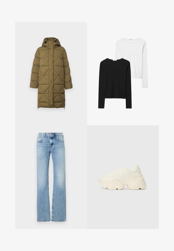 Olivovo zelený prešívaný kabát s diamantovým vzorom, kapucňou, cvokovými gombíkmi a úpravami na bokoch. Vyrobené z mäkkého, textúrovaného materiálu.; Čierne a biele tričká s dlhým rukávom, s okrúhlymi výstrihmi, jemnou tkaninou a priliehavým strihom so rovnými spodnými krajmi.; Svetlomodré džínsové nohavice s vysokým pásom a jemným vyblednutím, s predným gombíkom, zipsovým zapínaním a dizajnom s piatimi vreckami, rovný strih.; Masívne biele tenisky vyrobené z texturovanej sieťoviny a syntetických materiálov, s hrubou podošvou a zložitými vzorovými detailmi na bokoch.