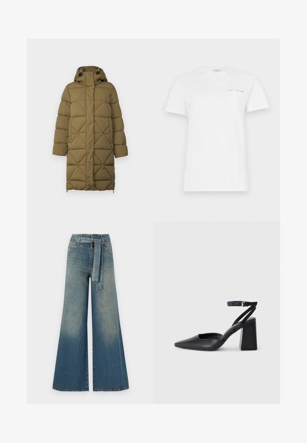 Oliivivihreä pehmustettu takki, jossa on timanttikuosisomistus, huppu, napit ja sivusaumoissa säädöt. Valmistettu pehmeästä, teksturoidusta materiaalista.; Valkoinen puuvillapaita, jossa on pyöreä kaula-aukko, lyhyet hihat ja vasemmalla rinnalla tasku. Paidassa on pieni musta painatus, jossa lukee "REPLAY EST 1981".; Yksiväriset farkut leveällä lahkeella, joissa on vaaleasta tummansiniseen häipyvä väri, korkea vyötärö, vyölenkit ja yhteensopiva kangasvyö. Rakennefarkkujen pinta.; Mustat nahkakengät, joissa on kapea kärki, nilkkaremmi ja paksu korko. Tasainen pinta, tyylikäs muotoilu ja minimalistinen estetiikka.