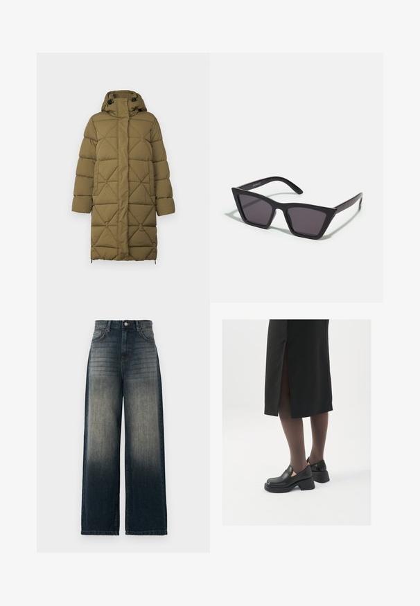 Olivno zelen plašč s podlogo in diamantnim šivom, s kapuco, zaponkami in nastavitvami ob robovih. Narejen iz mehke, teksturirane tkanine.; Črn dolgi rokav ribast top z visokim ovratnikom in zadrgo na hrbtu, ki ima oprijet silhueto in mehko teksturo.; Široke kavbojke v temnem džinsu, z izginjajočim prehodom od temne do svetle, s petimi žepi in kontrastnim šivanjem.; Črne usnjene čevlje s zaobljenim prstom, debelim blokastim petama in elastičnimi stranskimi detajli, v kombinaciji s temno nogavicami in črno krilo z razporkom.; Črne, angularne sončne očala z sivimi lečami; izdelana iz plastike, imajo debele ročke z gladko površino in brez vidne opreme.