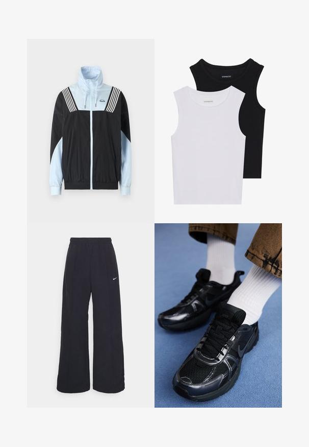 Väriestetty tuulitakki mustana ja vaaleansinisenä. Varustettu vetskarilla, korkealla kauluksella ja kolmella valkoisella raidalla olkapäissä. Pehmeä, kevyt materiaali.; Kaksi hihattomaa toppia mustana ja valkoisena, valmistettu ribbikankaasta, jossa on pyöreät kaula-aukot ja tiukka muotoilu. Tunnisteet näkyvät molemmissa.; Mustat leveät housut, joissa on joustava vyötärönauha ja pieni valkoinen Nike-logo. Kangas on sileä, suunniteltu mukavuutta ja rentoa käyttöä varten.; Mustat Nike-tennarit, joissa on verkkokangas- ja synteettisiä materiaaleja, teksturoitu päällinen, mustat nauhat ja kestävät kumipohjat. Valkoiset ribbineulotut sukat näkyvissä.