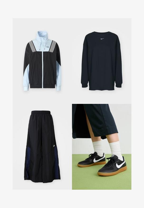 Corta-vento em blocos de cor em preto e azul claro. Apresenta um fecho éclair frontal, gola alta e três riscas brancas nos ombros. Material suave e leve.; Camisola preta de mangas longas feita de algodão com decote redondo. Apresenta um logótipo branco da Nike no peito. Textura suave, design simples.; Calças largas pretas feitas de tecido leve, com um painel lateral azul-marinho e cintura elástica. Pequeno logótipo branco na parte inferior.; Sapatilhas pretas em couro e sintético com o logo da Nike em branco, sola de borracha tipo goma, bico redondo e atacadores pretos. Meias brancas com frunces visíveis.