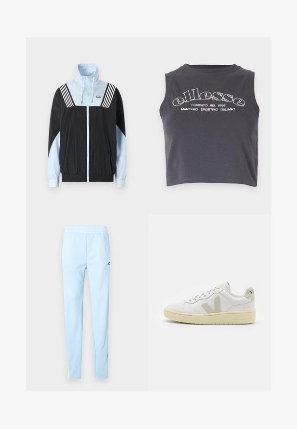 Fekete és világoskék színblokkokkal ellátott szélálló dzseki. Elöl zippes, magas gallérral, és három fehér csíkkal a vállakon. Puha, könnyű anyag.; Sötét szürke, rövidített tank top puha pamutból, fehér nyomtatott márkanevével, kerek nyakkal és ujjatlan kialakítással.; Világoskék sportnadrág sima textúrával, rugalmas derékkal és finom mintával. A csípő közelében logó található, valamint színkiemelések az alján.; Fehér bőr sneaker bézs velúr részletekkel, perforált orr résszel, lapos fűzőkkel és textúrált krémszínű talppal. Finom márkajelzés található a sarkán.