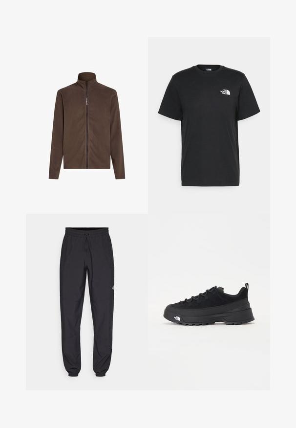 Bruine fleece jas met een hoge kraag en volledige frontale rits. Voorzien van Polartec-logo op de linker mouw. Zachte textuur en eenvoudig ontwerp.; Zwarte katoenen T-shirt met korte mouwen, ronde hals en een klein wit logo op de linkerkant van de borst. Eenvoudig ontwerp, gladde textuur en een comfortabele pasvorm.; Zwarte sportieve broek gemaakt van lichtgewicht stof, met een trekkoord in de taille, zijzakken en taps toelopende boorden bij de enkels.; Zwarte outdoor sneaker met een suede bovenkant, een gestructureerde rubberen zool en een stevig vetersysteem. Heeft een versterkte hiel en een merklogo aan de zijkant.