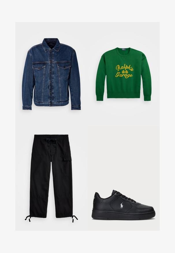 Tumedat sinised teksajope, millel on kaelus, kaks rinna taskut ja nööbikinnitus. Omab veidi struktuurita istuvust ja nähtavat tikkimist.; Roheline sviiter ümarate kaelustega, millel on kollase värviga tikitud tekst "Ralph’s Garage" ja ruudulippude detailid. Puuvilla ja sünteetika segu materjal.; Mustad mustapüksid elastse vöökoha ja nööriga. Omavad külgtaskuid ja reguleeritavaid varrukaotsi tõmblukkudega. Valmistatud kergest kangast.; Mustad nahast tossud, millel on auguline disain, lame sidumispael ja küljes valge brodeeritud logo. Paks must kummist tald.