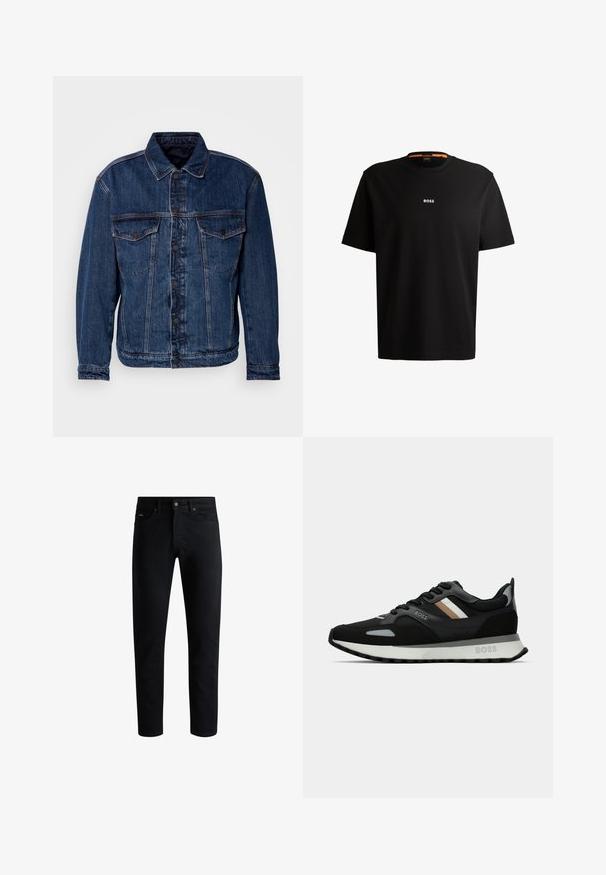 Jaqueta de denim azul escuro com colarinho, dois bolsos no peito e fecho com botões. Apresenta um corte ligeiramente desconstruído e costuras visíveis.; T-shirt preta em algodão com gola redonda, mangas curtas e logo branco "BOSS" centrado no peito. Textura suave, corte casual.; Jeans pretos slim-fit com cinco bolsos, fecho de botão e passantes para cinto, exibidos contra um fundo branco.; Shoe de corrida preto com uma superfície texturizada, detalhes cinza claro e três riscas horizontais em castanho. Apresenta uma sola branca acolchoada.