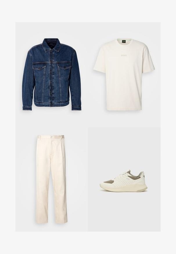 Jaqueta de denim azul escuro com colarinho, dois bolsos no peito e fecho com botões. Apresenta um corte ligeiramente desconstruído e costuras visíveis.; BOSS TEE - T-shirt básica - open white; Calças de algodão bege com corte reto, apresentando um fecho de botão e pregas na frente para um detalhe adicional.; Sapatilha atlética branca e bege claro, com parte superior em malha, detalhes perfurados e uma entressola texturizada com marcação no calcanhar.