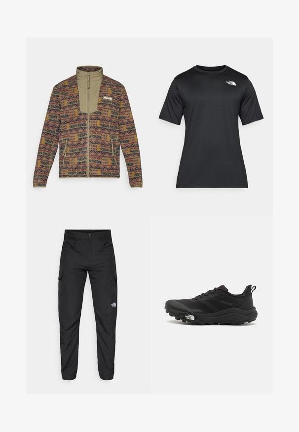 Casaco de fleece com fecho completo, com padrão em tons terrosos e formas geométricas, apresentando bolsos laterais com zíper e um colarinho alto.; Camiseta preta de manga curta feita de um tecido leve e que absorve a umidade. Apresenta um logo branco no lado esquerdo do peito e um decote redondo.; The North Face HORIZON PANT - Calças para exterior - black; Sapatilha de trail running preta com um upper texturizado, sola de borracha e biqueira reforçada. Possui um colarinho acolchoado e uma alça para facilitar o calçar.