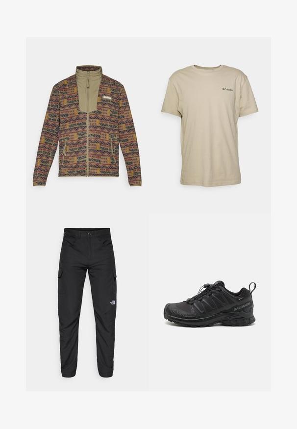 Fliisi jakk täieliku tõmblukuga, maatoone sisaldava mustriga, geomeetriliste kujunditega, varustatud tõmblukuga küljetaskute ja kõrge kraega.; Beige puuvillane t-särk lühikeste varrukatega, ümmarguse kaelusega ja väike must logo vasakul rinnal. Sile tekstuur, lõdva kujundusega.; The North Face HORIZON PANT - Õuepüksid - black; Must have piisii mustriga sünteetiline pealis, pehme tallaga ja kiire lukkusüsteemiga mustad spordijalatsid. Omab tugevdusi varba- ja kannaosas.